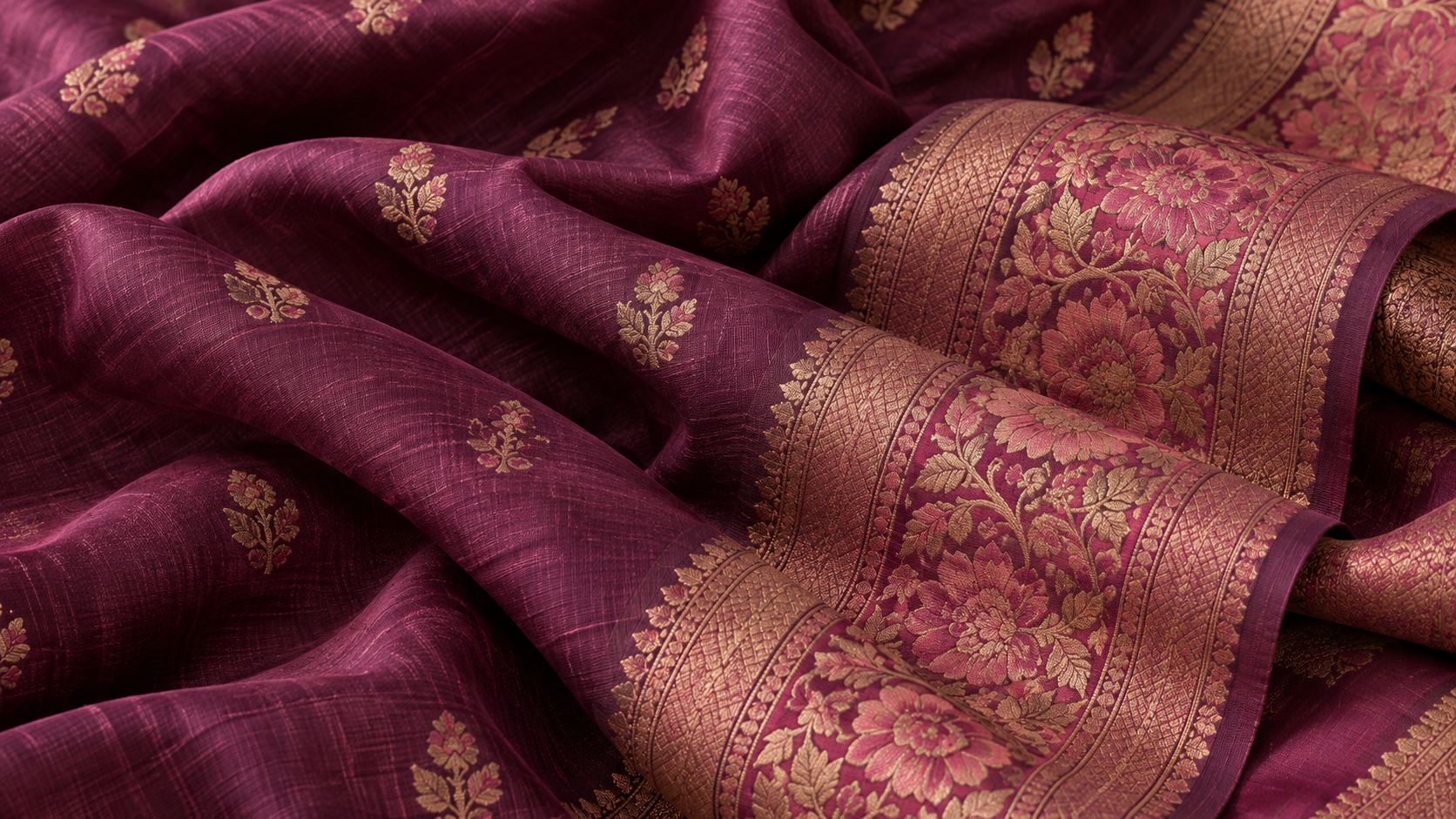 Close-up of a saree’s woven fabric